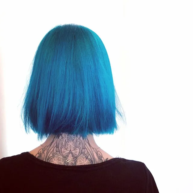 Vivid blue bob, back view