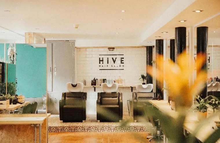 HIVE Hair Salon interior — mirrors, plants and exposed brick in Headingley