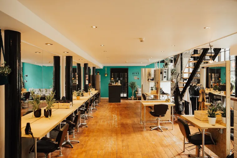 Inside HIVE Hair Salon — styling stations, plants and teal walls in Headingley